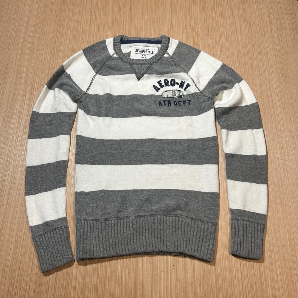 Aeropostale Grey White Striped Knit Sweater Aero-NY Ath Dept Raglan Womens Small